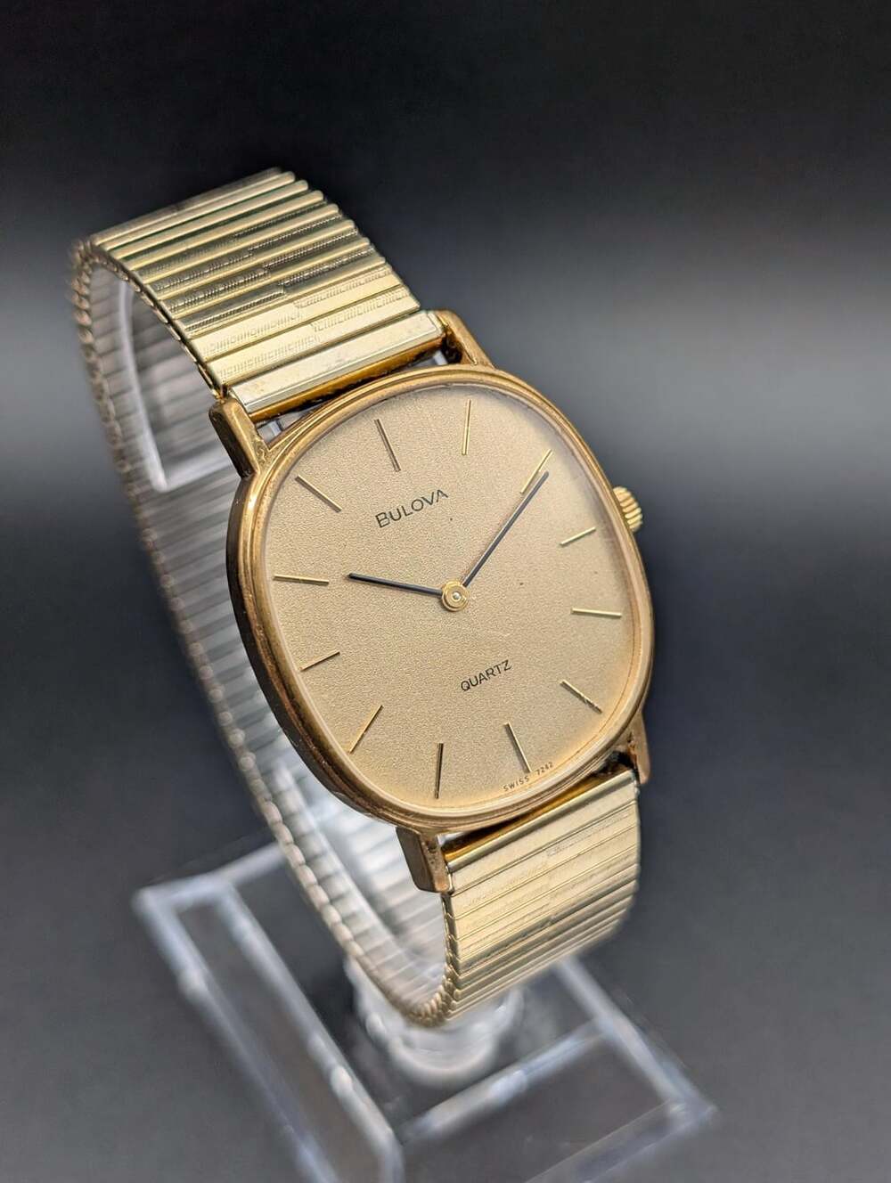 Vintage Bulova Swiss Quartz Watch, Gold Tone Cushion Case Stretch Band